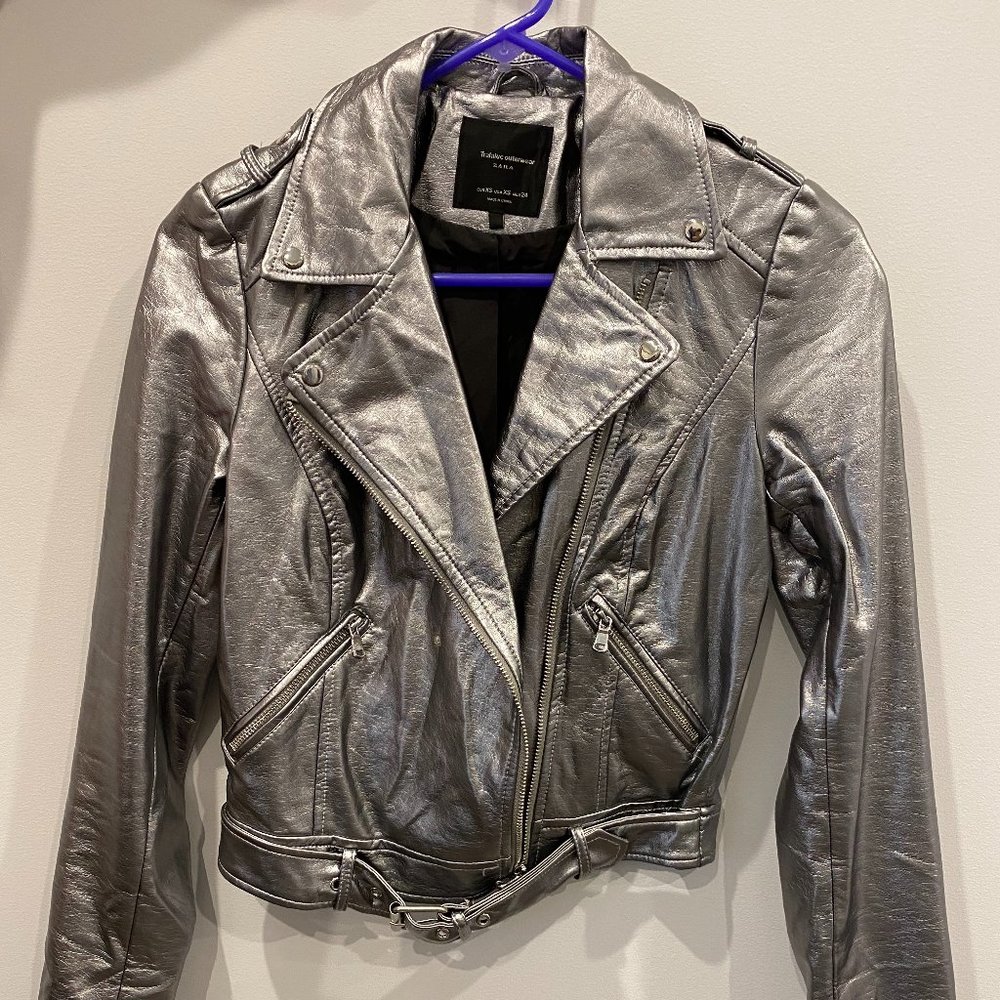 Zara Silver Faux Leather Bomber Jacket